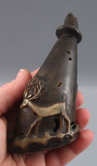 Small Antique 18thc Pistol Folk Art Carved Deer & Dog Black Powder Horn,  Nr