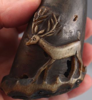 Small Antique 18thC Pistol Folk Art Carved Deer & Dog Black Powder Horn,  NR 2