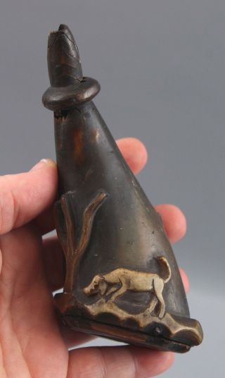 Small Antique 18thC Pistol Folk Art Carved Deer & Dog Black Powder Horn,  NR 3