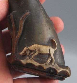 Small Antique 18thC Pistol Folk Art Carved Deer & Dog Black Powder Horn,  NR 4