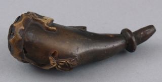 Small Antique 18thC Pistol Folk Art Carved Deer & Dog Black Powder Horn,  NR 6