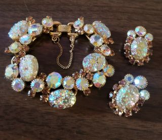 Vtg Juliana Aurora Borealis Chunky Rhinestone Bracelet Clip On Earrings Set