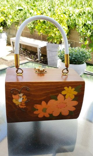 Enid Collins Vintage Flowers Bumblebee Handle Carriage Wood Box Bag Tote Purse