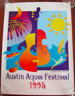 Vintage 1995 Austin Aqua Music Festival Guitar Poster Texas 18 " X24 "