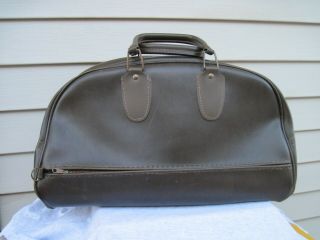 Vintage Old School Gym Bag Brown Zipper Top Half Dome Vinyl Travel Luggage Uec