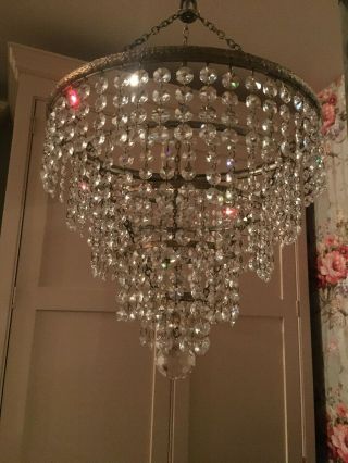 Large Sparkling Vintage Lead Crystal Five Tier Waterfall Chandelier