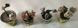 Set of 4 Antique French Porcelain Flower Pots with Porcelain Roses and Leaves 2