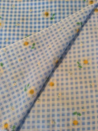 Vintage Fabric Flocked Daisy’s Blue Checkered Fabric. 4