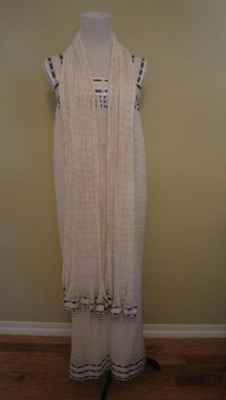 Vtg Hand Made Ethiopian White Gauze Dress & Shawl Blue Woven Accents Beads M L
