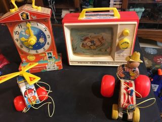1960s Fisher Price Vintage Musical Toy Music Box Tv Clock Tractor Helicopter