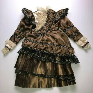 Victorian Doll Dress Vintage Antique French Dolls Brown Lace Long Sleeve Clothes