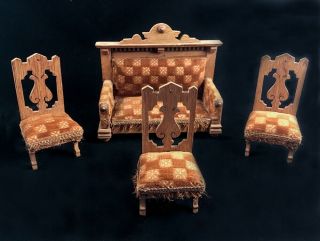 Antique Dollhouse Miniature Parlor Suite Velvet Loveseat & 3 Chairs C.  1900 - 1920