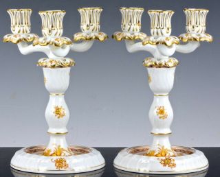 Pair Vintage Herend Hungary Yellow Indian Basket Candelabra Candlesticks Lamps