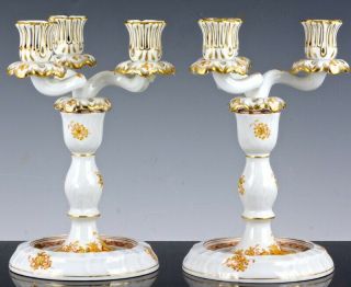 PAIR VINTAGE HEREND HUNGARY YELLOW INDIAN BASKET CANDELABRA CANDLESTICKS LAMPS 2