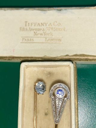2 Vintage Art Deco 14k Sapphire,  Diamond Stick Pins Found In Tiffany Box
