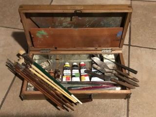Vintage Artist Dovetail Paint Box Palette Paints Brushes Knives Tools