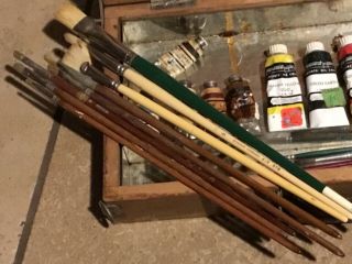 Vintage Artist Dovetail Paint Box palette paints brushes knives tools 3
