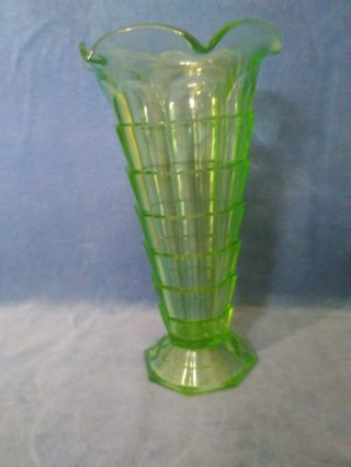 Vintage Clear Green Depression Glass Vase With Pedestal & Scalloped Edge 9 "