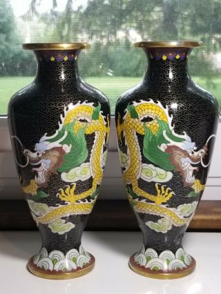 Set Of 2 Matching Vintage 8 " Black Chinese Cloisonne Vase Yellow 5 Toe Dragon