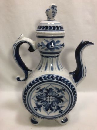 Vintage Russian Hand - Painted Porcelain Gzhel Blue & White Teapot W/ Owl Finial
