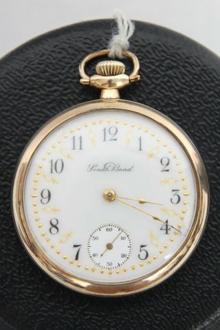 1910 South Bend 215 17j Stem Set Gold Filled Case Open Face Pocket Watch