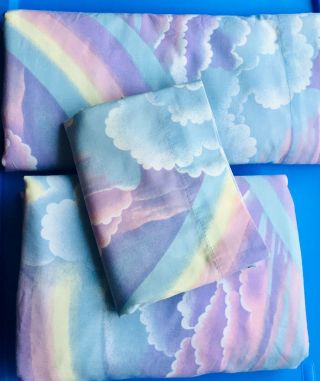 Vintage 80s Pastel Rainbow Sky Twin Sheet Set W Pillowcase Pink Purple Unicorn