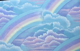 Vintage 80s Pastel Rainbow Sky Twin SHEET Set w Pillowcase Pink Purple Unicorn 2