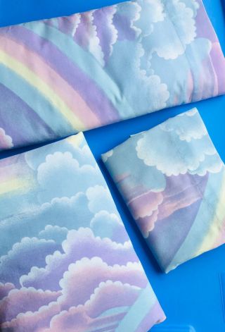 Vintage 80s Pastel Rainbow Sky Twin SHEET Set w Pillowcase Pink Purple Unicorn 4