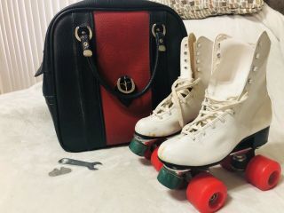 Vintage Roller Skates Roller Derby Kryptos Wheels Handbag White Leather Red Sz 7