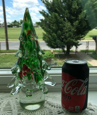 Vintage Murano 10 " Red Green Clear Glass Christmas Pine Tree Statue Figure Rare