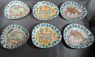 6 Vtg Italian Art Pottery Plates Horse Cat Chicken Style Of Gambone Mcm Triangle
