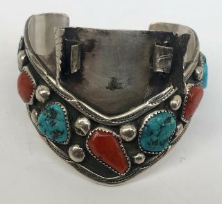 Vintage Navajo Turquoise & Red Coral Sterling Silver Watch Band Cuff Sk Emerson