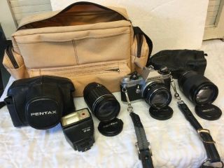 Fine Vintage Pentax Mg 35mm Camera Full Outfit With 3 Takumar Lenses & Flash