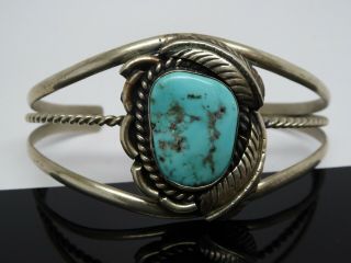 Vintage Old Pawn Navajo Silver Feather Turquoise Large Cuff Bracelet Size 8 "