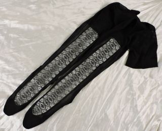 Victorian 19th C Antique Black Silk Stockings For Dress W French Chantilly Lace