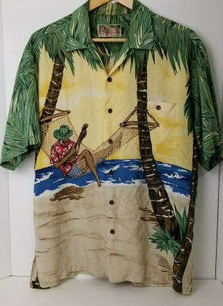 Tori Richard Picture Man Hammock Ukulele Palm Tree Aloha Hawaii Shirt Camp L Vtg