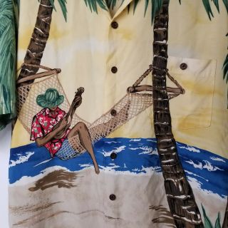 Tori Richard Picture Man Hammock Ukulele Palm Tree Aloha Hawaii Shirt Camp L VTG 2