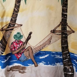 Tori Richard Picture Man Hammock Ukulele Palm Tree Aloha Hawaii Shirt Camp L VTG 5