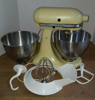 Vintage Kitchenaid K45 Stand Mixer W 2 Bowls 3 Beaters Shield Pale Yellow Color