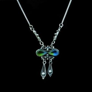 Vintage Sterling Silver Blue And Green Glass Fancy Lavalier Pendant Necklace