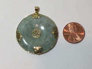 Vintage Chinese Jade and 14K Yellow Gold Disk Character Pendant 585 Hallmarked 2