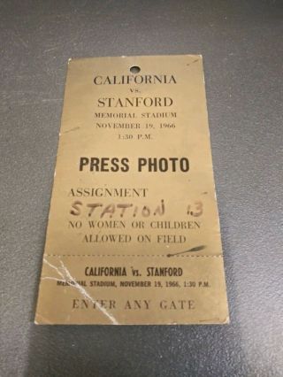 Vintage Press Pass 1966 Cal Berkeley Vs Stanford Ticket Stub Football Big Game