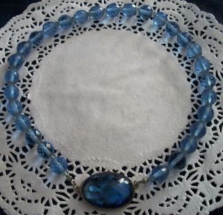 Vintage Blue Faceted Glass Necklace With Large Clasp Signed Czechoslovakia