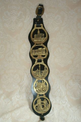 Vintage Leather Horse Bridle Saddle Strap 5 Brass Medallions Decor London Theme