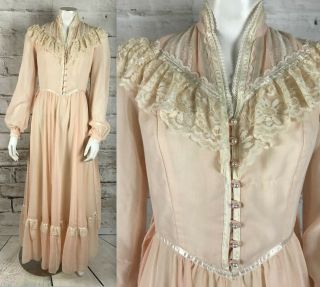 Vintage 70s Gunne Sax Peach Maxi Prairie S Dress Ruffle Lace Victorian Wedding