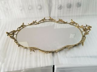 Vintage Vanity Mirror Tray Large 26x16 Gold Ormolu Metal Cherub W/dove & Leaves