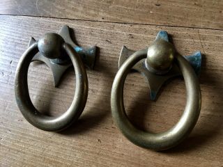 Pair Antique Door Pulls Ring Handle Large Vintage Reclaimed Old Salvage Brass 2