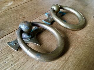 Pair Antique Door Pulls Ring Handle Large Vintage Reclaimed Old Salvage Brass 3