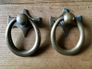 Pair Antique Door Pulls Ring Handle Large Vintage Reclaimed Old Salvage Brass 4