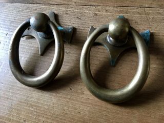 Pair Antique Door Pulls Ring Handle Large Vintage Reclaimed Old Salvage Brass 5